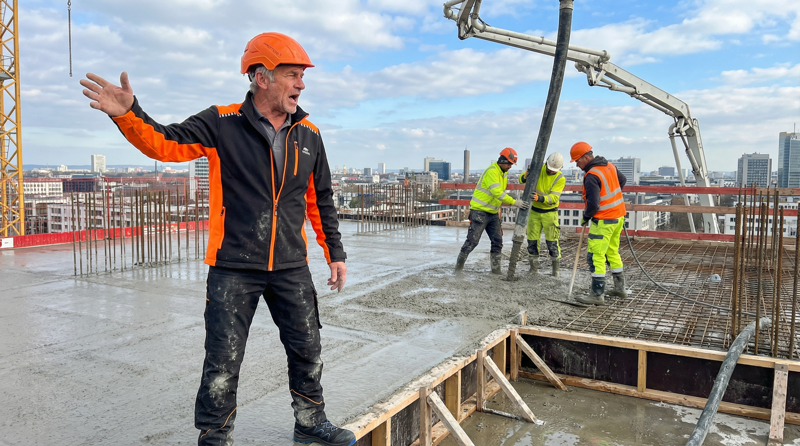 Polier Hans Frick kontrolliert Bewehrung auf der Grossbaustelle - Qualitaetssicherung im Hochbau