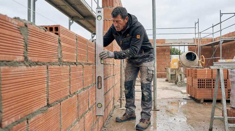 Maurer-Polier Matteo Rossi prueft mit Wasserwaage die Ausrichtung einer frisch gemauerten Wand auf der Baustelle