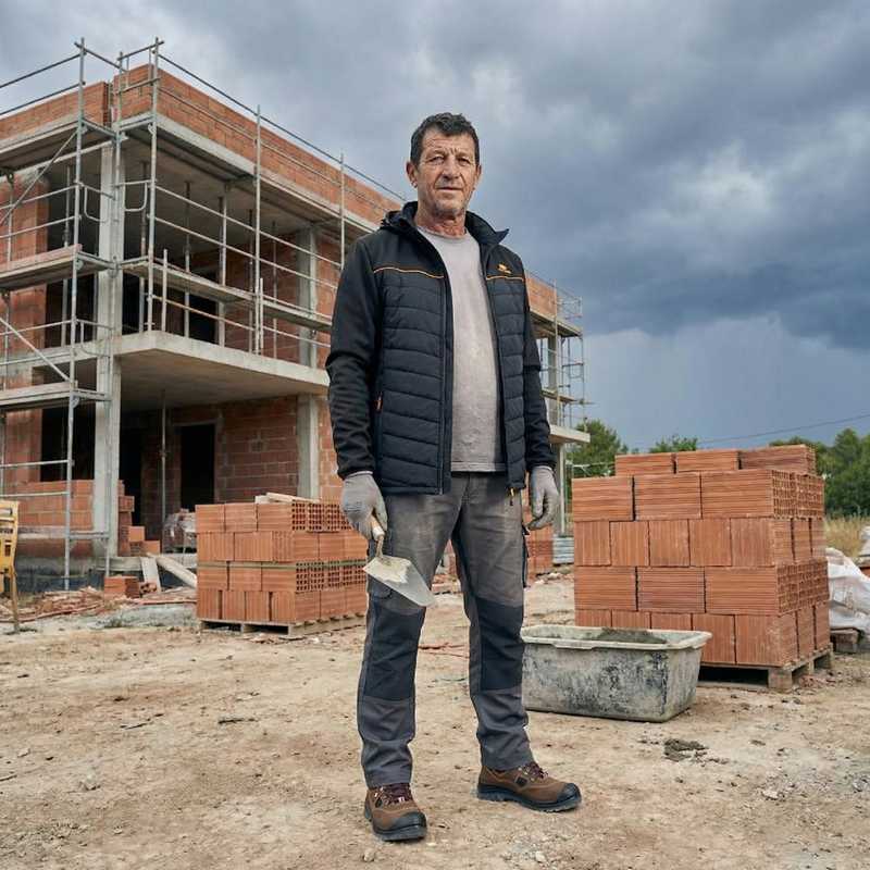 bauarbeiter, baustelle, steine, werkzeug, jacke