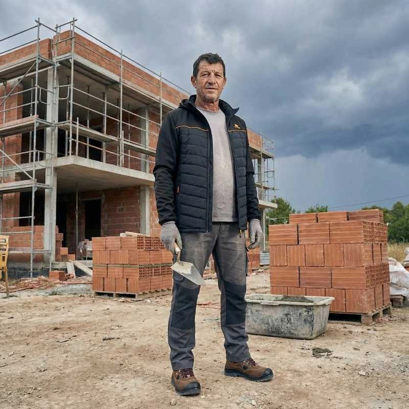 bauarbeiter, baustelle, steine, werkzeug, jacke