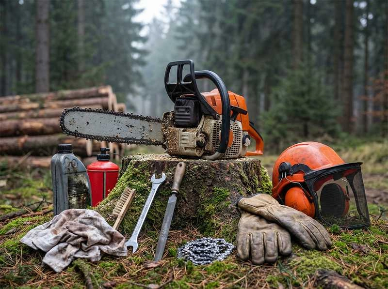 Kettensäge, Forstwerkzeug, Schneidwerkzeug, Arbeitsausrüstung, Schutz-Set