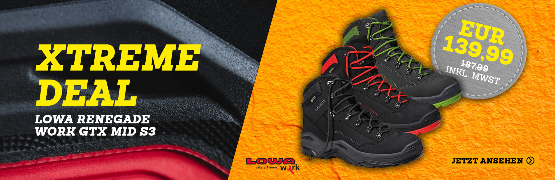 Sicherheitsstiefel, Arbeitsstiefel, schwarze Stiefel, rote Schnürsenkel, Profilsohle