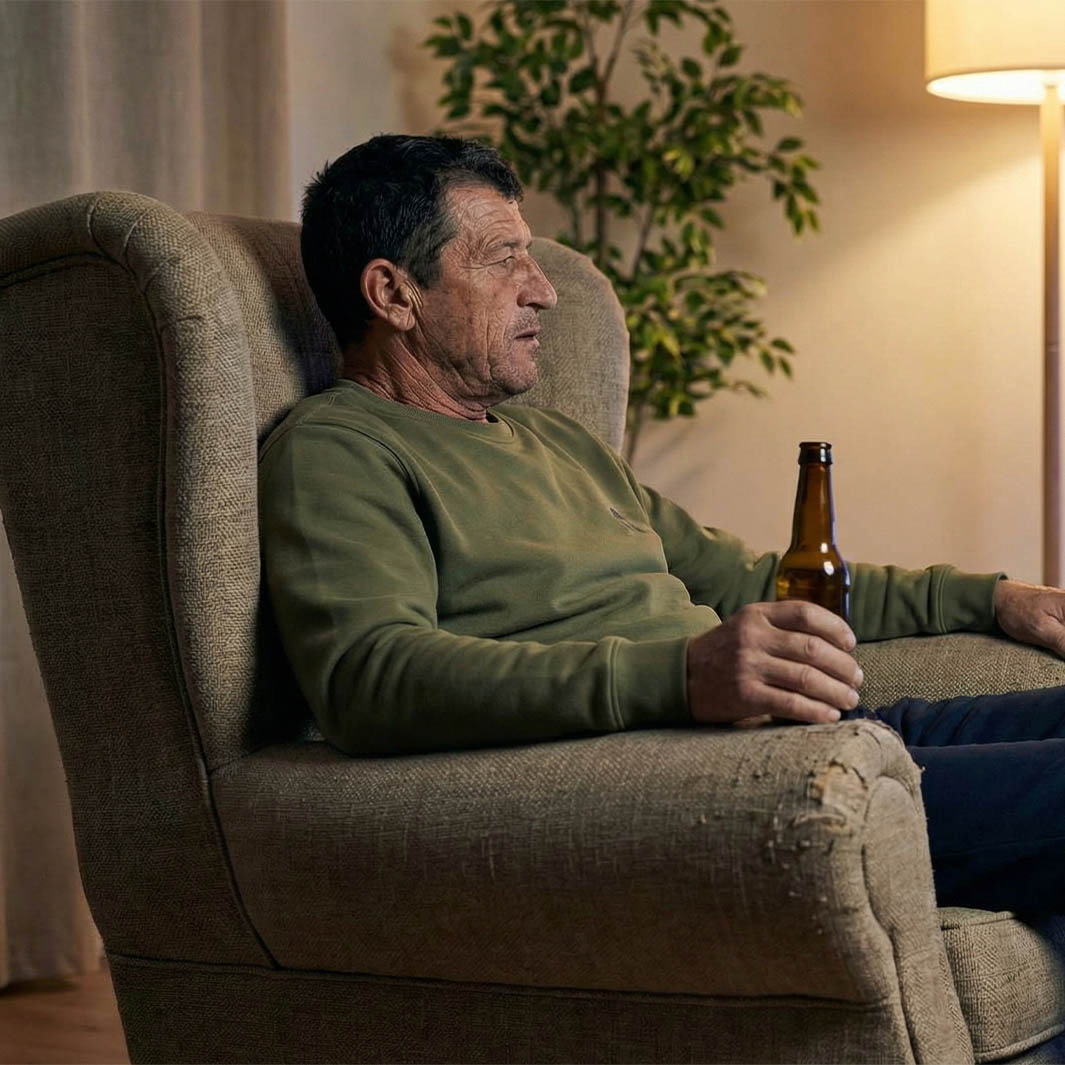 Metselaar Matteo Rossi ontspant na het werk met een biertje - work-life-balance in het vakmanschap