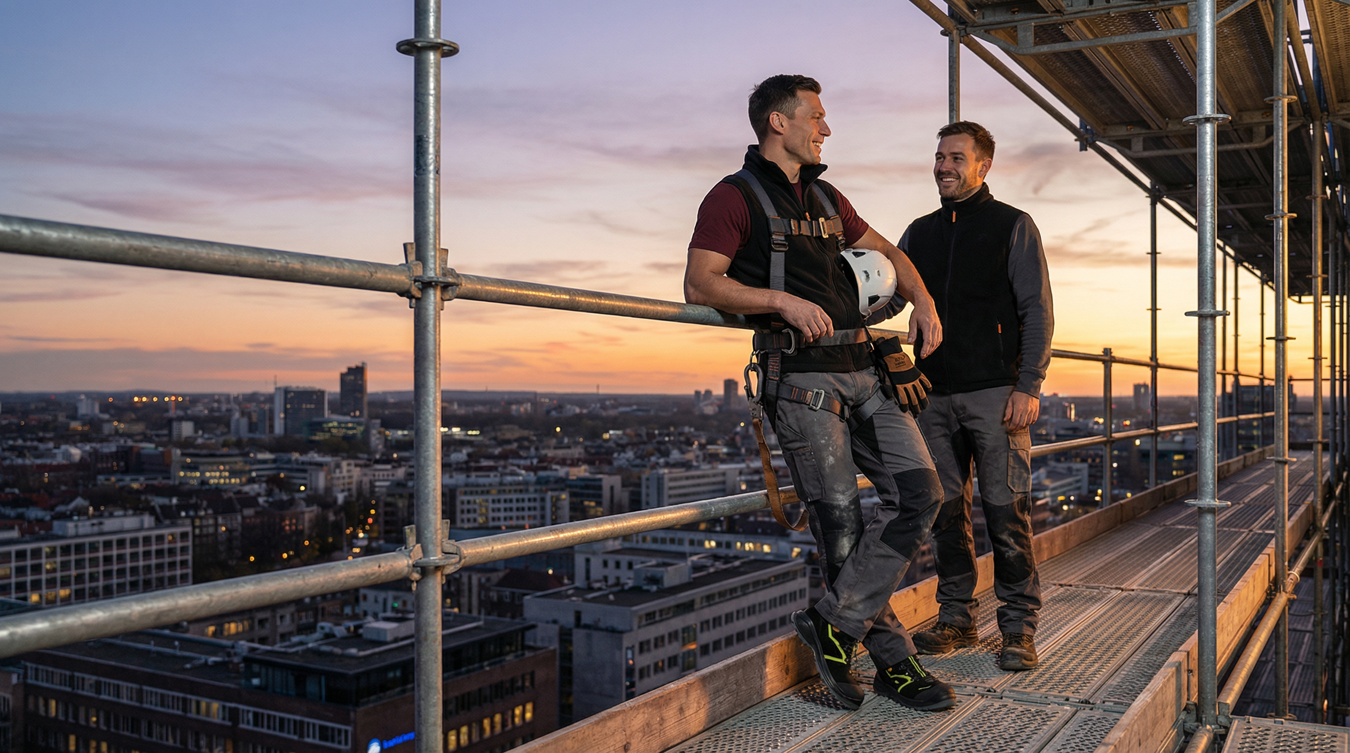 Ger&uuml;stbauer Igor Volkov mit Kollege auf dem Ger&uuml;st bei Sonnenuntergang - Teamwork in der H&ouml;he