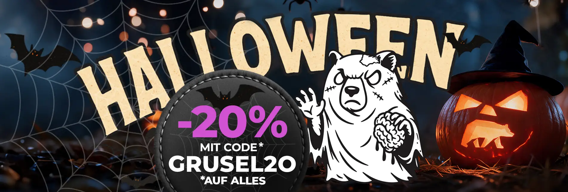 Halloween-Banner, Rabattaktion, Kürbis, Hexenhut, Spinnennetz