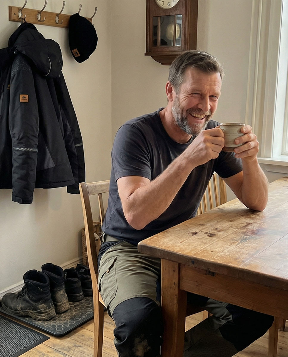 Boer op het veld met weerbestendige jas en werkbroek