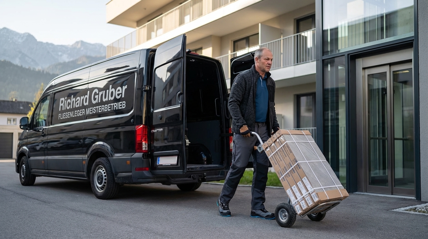 Fliesenleger Richard Gruber laedt grosse Fliesenplatten in professioneller Workwear aus dem Firmenfahrzeug - Vorbereitung ist alles