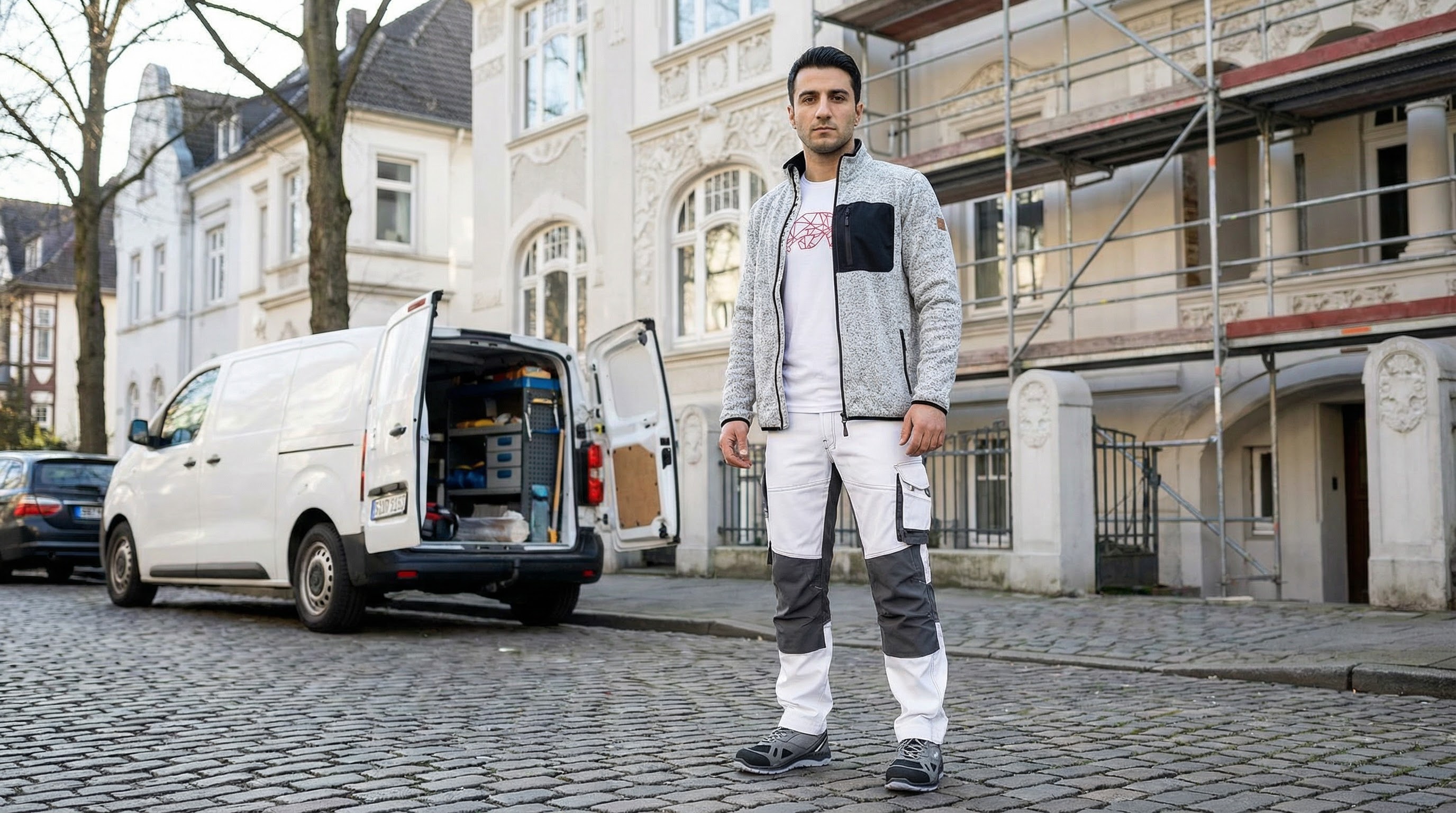 Stuckateurmeister Aras Kaplan vor seinem Transporter - bereit fuer den Einsatz