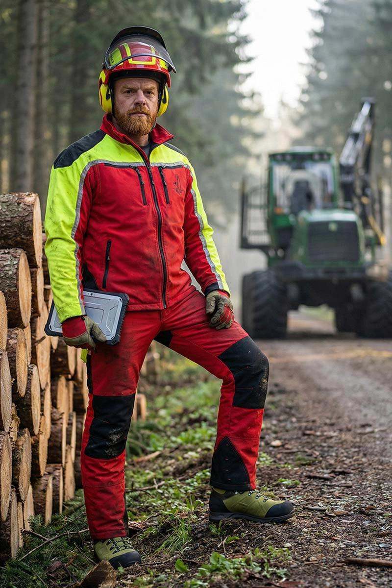 Arbeitskleidung, Forst- oder Waldarbeiter, Helm, rote Jacke, Einteiliger Overall