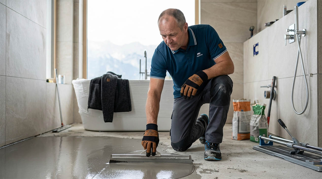 Fliesenleger Richard Gruber in professioneller Workwear - konzentrierter Blick, bereit fuer den naechsten Einsatz auf der Baustelle