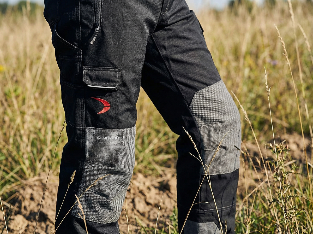 Arbeitshose, Knickhose, Cargo-Hose, Reißverschluss, Grau-Schwarz