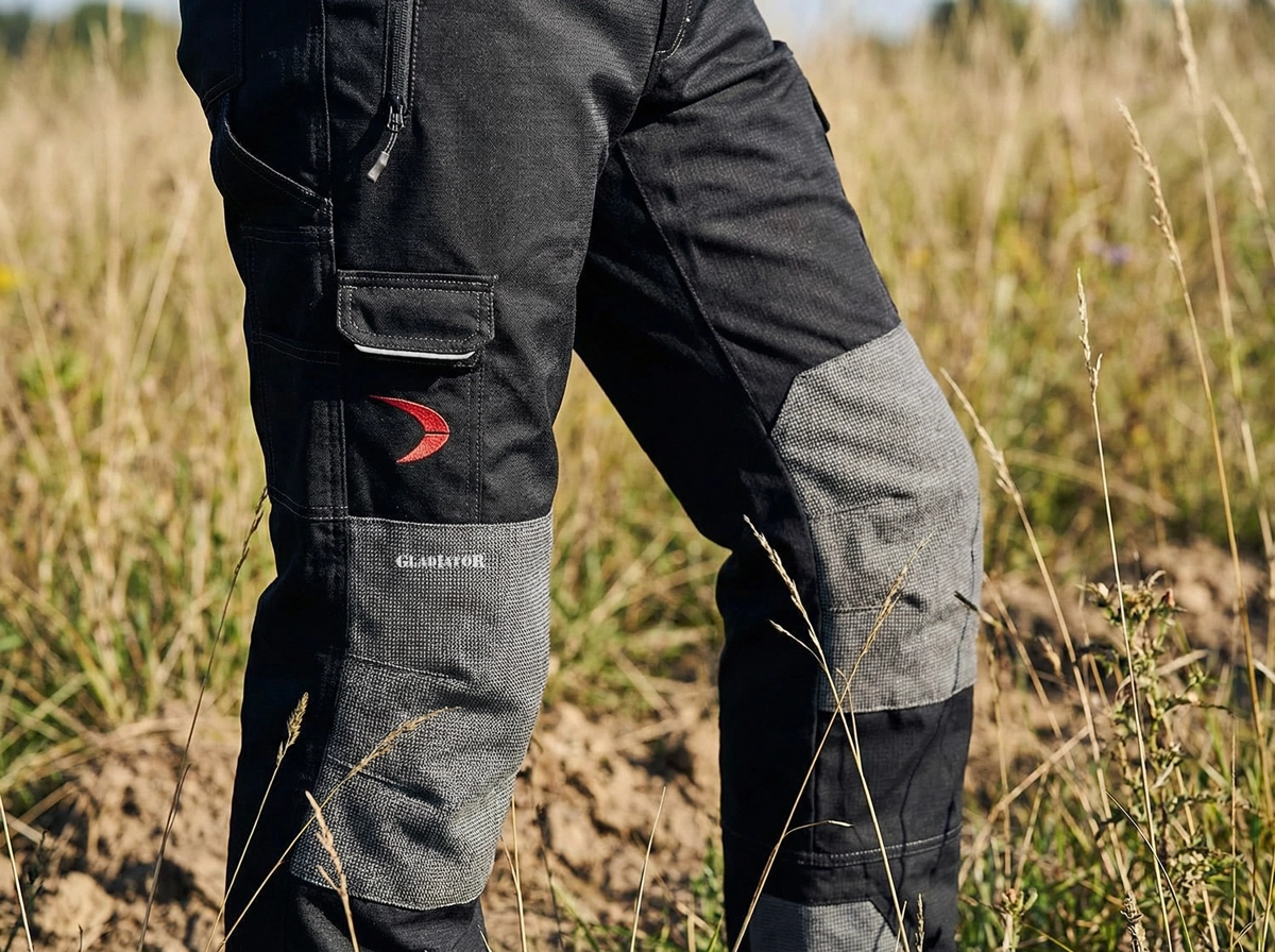 Arbeitshose, Knickhose, Cargo-Hose, Reißverschluss, Grau-Schwarz