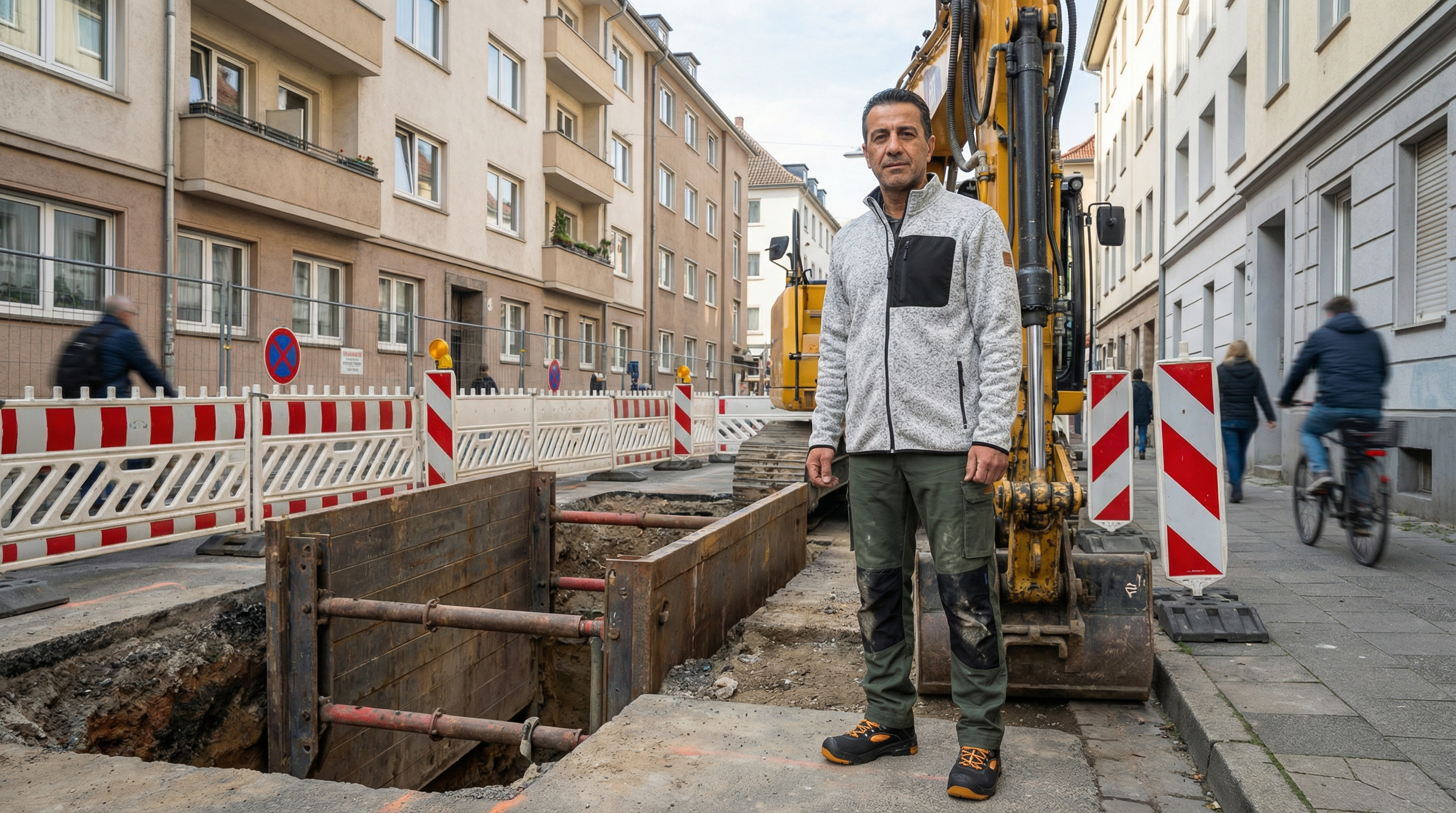 Tiefbau-Vorarbeiter Ahmed Mansour in Warnschutzkleidung auf einer Baustelle mit Bagger und Leitungsgraben