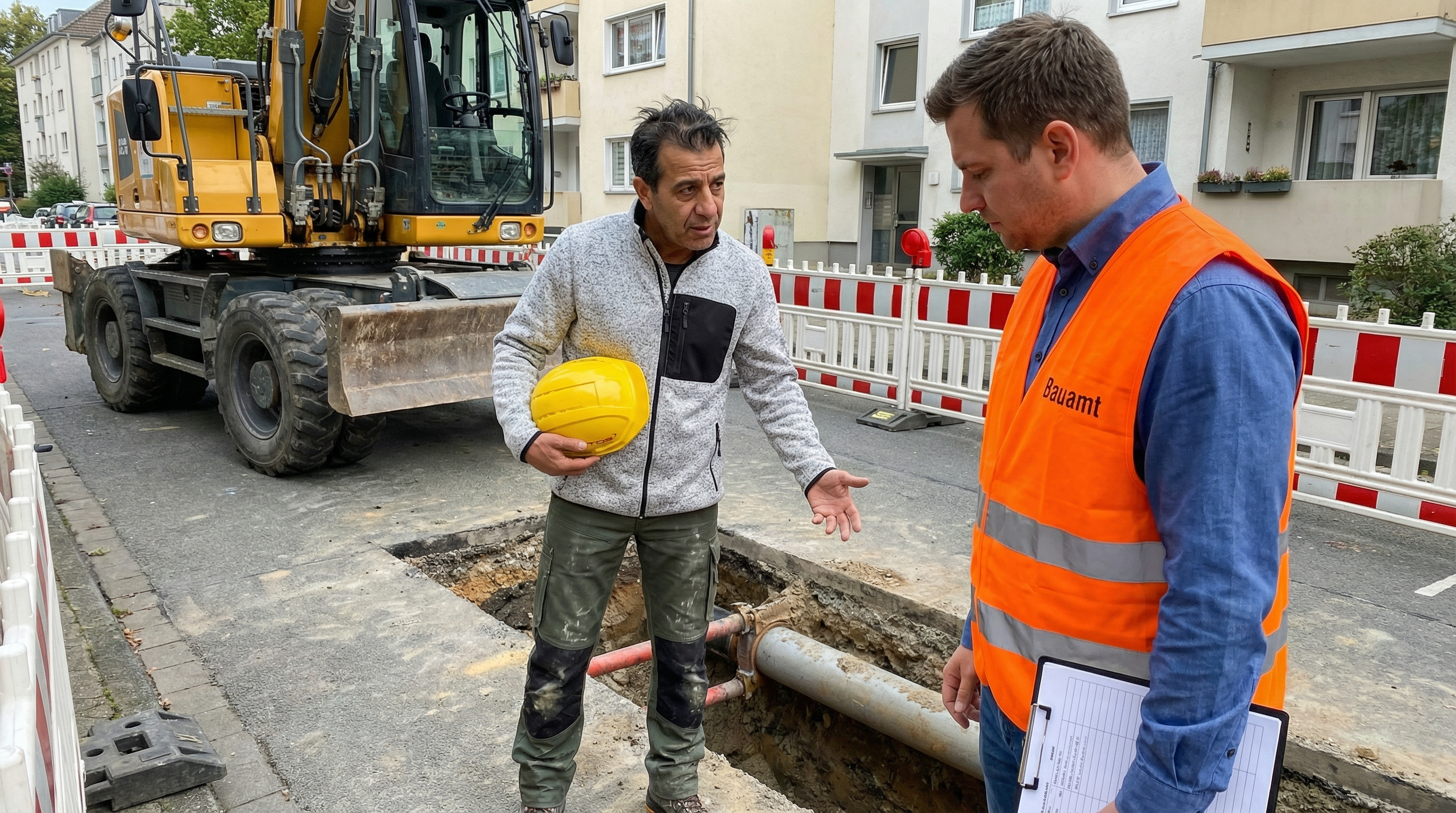 Ahmed Mansour bei der Leitungsverlegung im Tiefbau mit GPS-gestuetztem Bagger