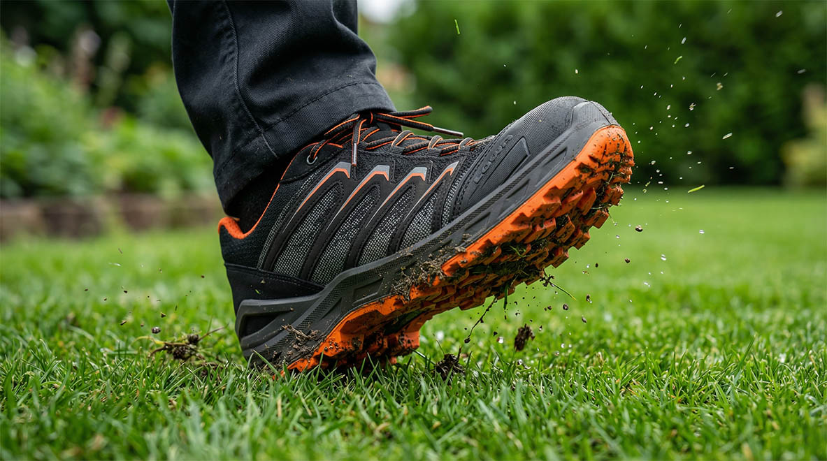 Trail-Laufschuh, Outdoor-Schuh, orangene Sohle, Mesh-Obermaterial, Griffreife