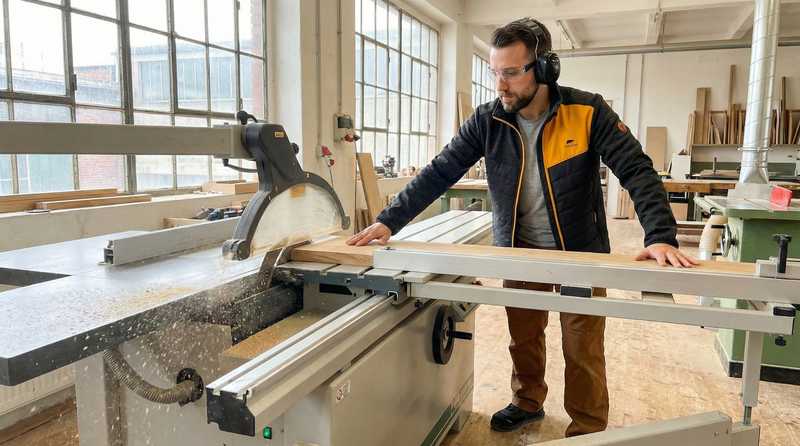 Schreiner in der Werkstatt mit Sicherheitsschuhen bei der Holzbearbeitung - professionelle Arbeitsschuhe fuer Tischler