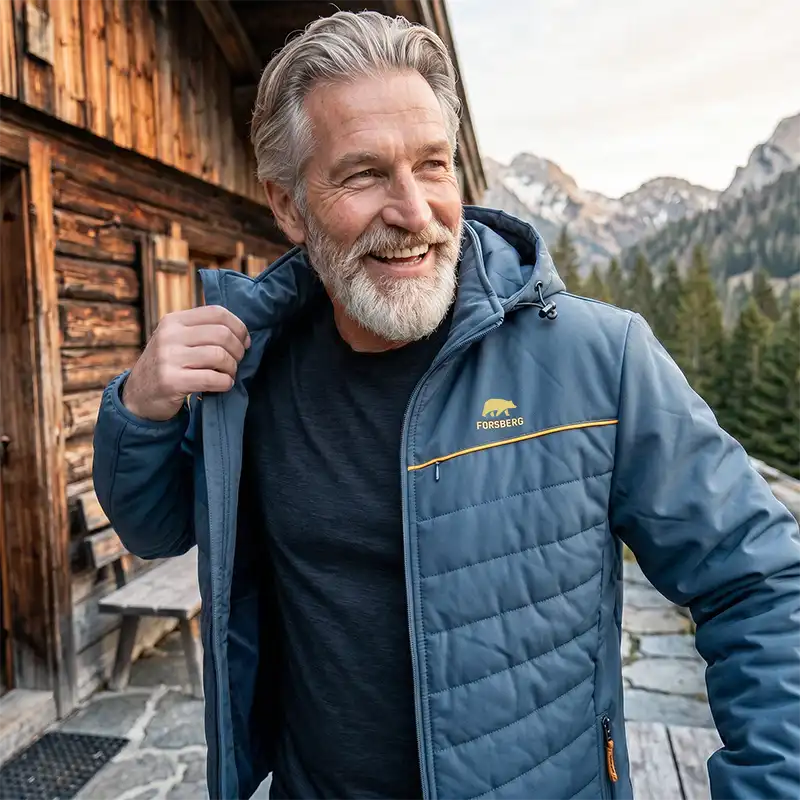 Reißverschluss, Pufferjacke, Farbe blau, Kapuzenjacke, Zierlinie