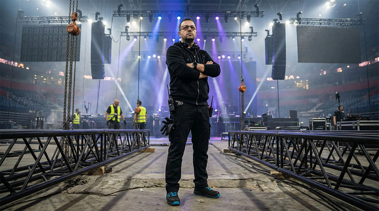 Stage crew, Concert venue, Safety vest, Full-body portrait, Stage equipment