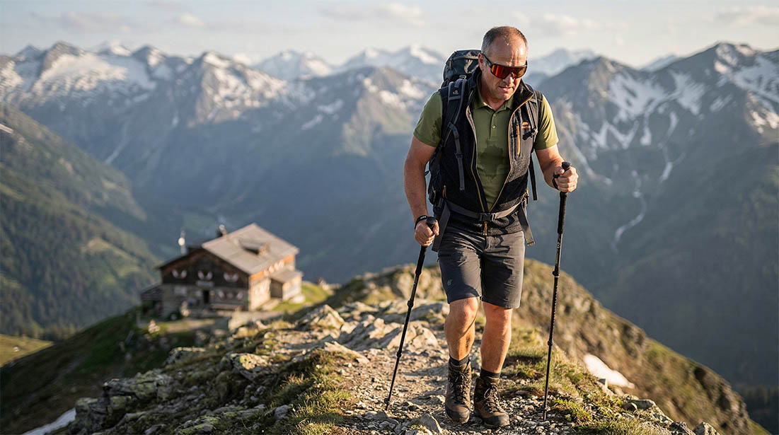 Tegelzetter Richard Gruber tijdens het wandelen in de Alpen - actieve ontspanning en conditie na het werk op de bouwplaats