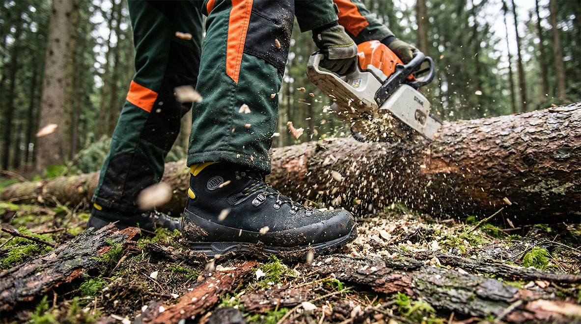 Forstwirt mit Schnittschutz-Stiefeln bei der Arbeit im Wald - sichere Forstschuhe fuer professionellen Einsatz