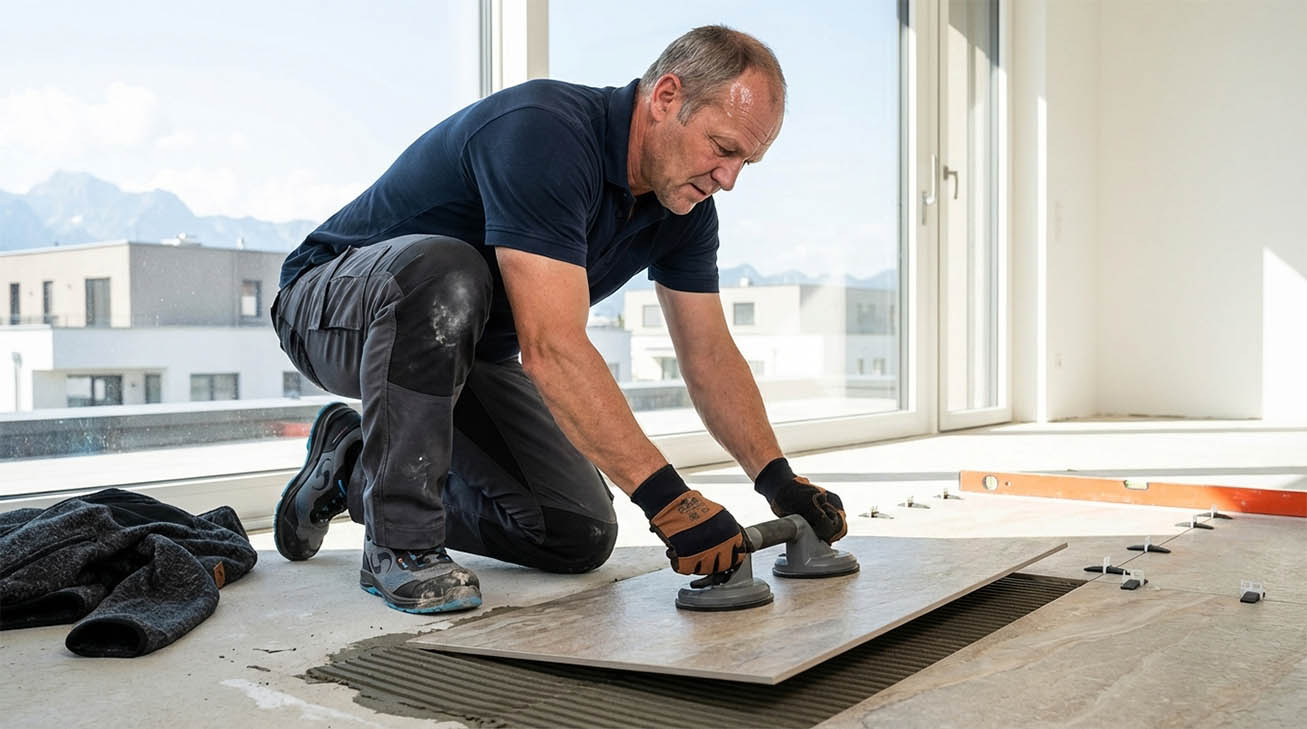Fliesenleger Richard Gruber legt eine grosse Fliese mit dem Vakuum-Saugknopf millimetergenau auf dem vorbereiteten Untergrund zurecht