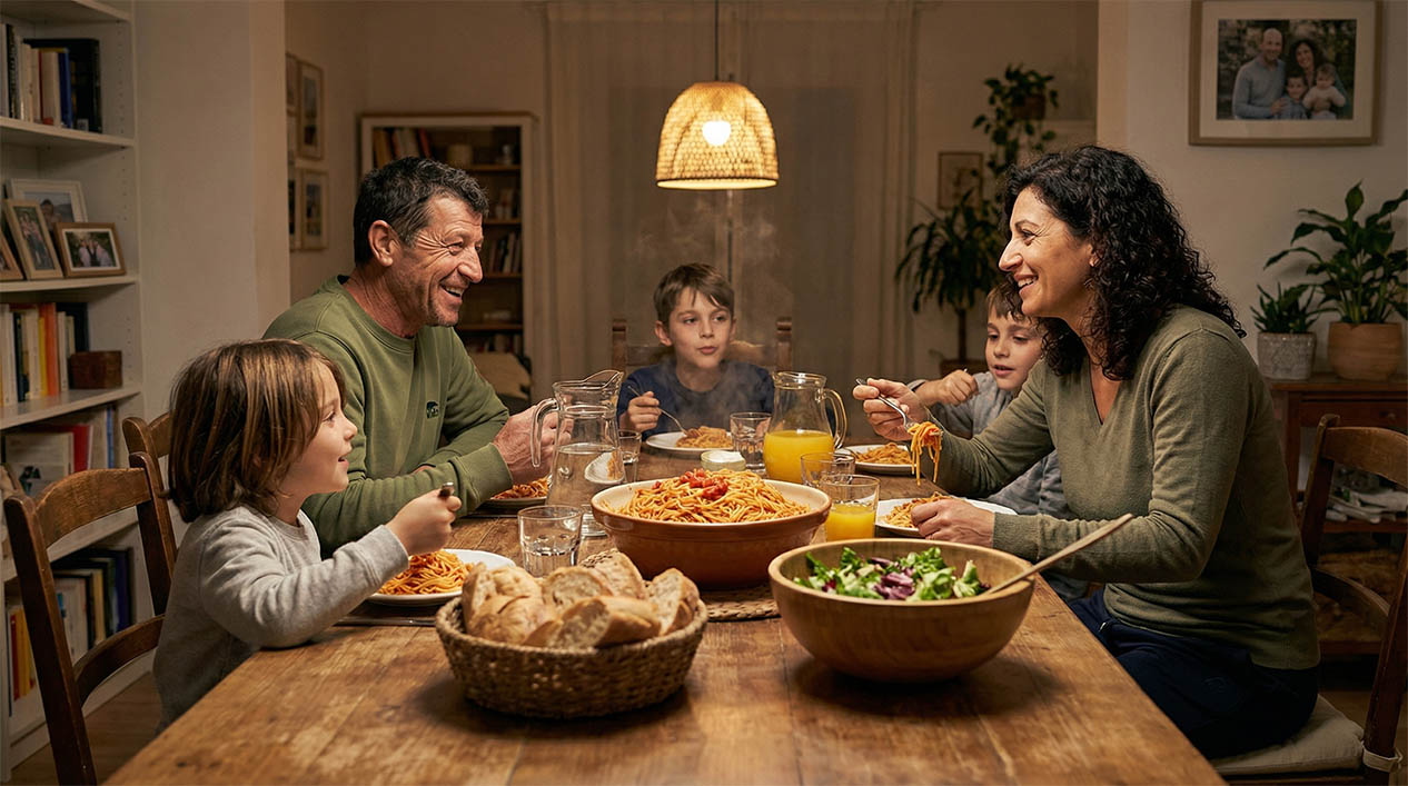 Metselaar Matteo Rossi bij het familiediner na het werk - familie als steun in de zware bouwplaatsdagen