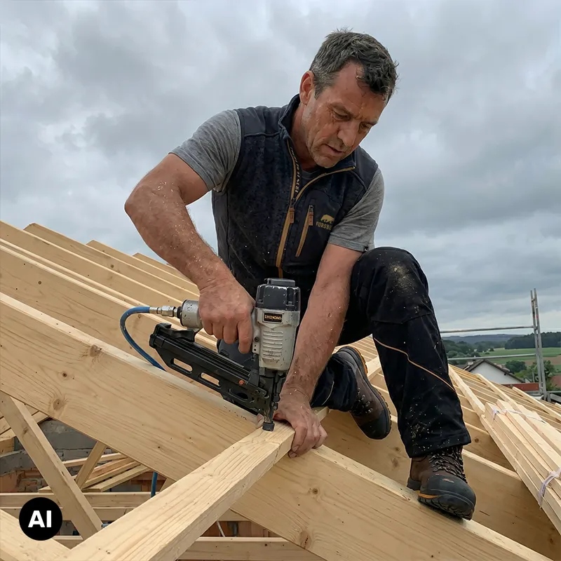 Holzbau, Holzstapel, Sägewerkzeug, Framing, Bauarbeiter, Holzbau, Holzstab, Dübel, Kreuzverbindung, Nagel- bzw. Nagelwerkzeug