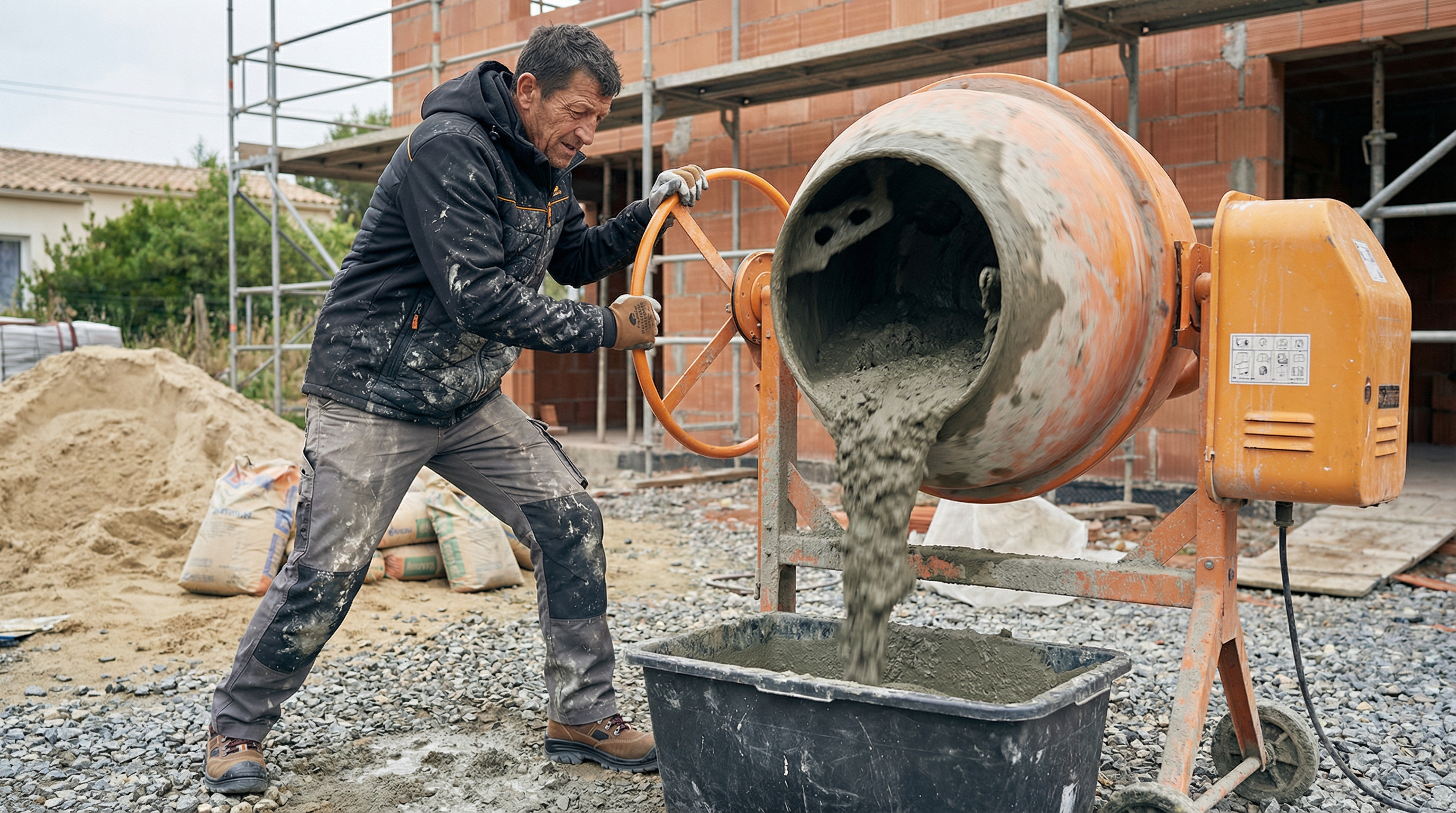 Maurer bei Betonarbeiten am Fundament - professioneller Rohbau auf der Grossbaustelle