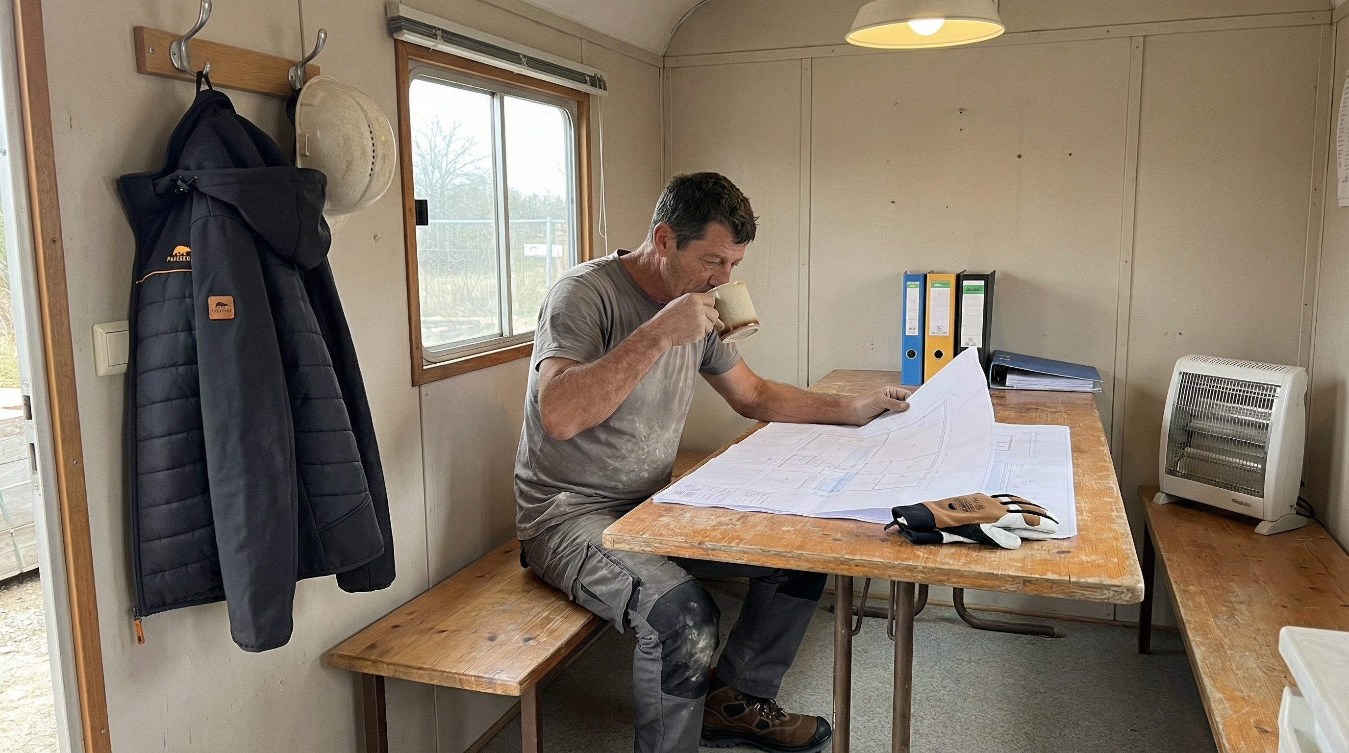 Maurer Matteo Rossi bei der verdienten Kaffeepause auf der Baustelle - Arbeitsalltag im Hochbau